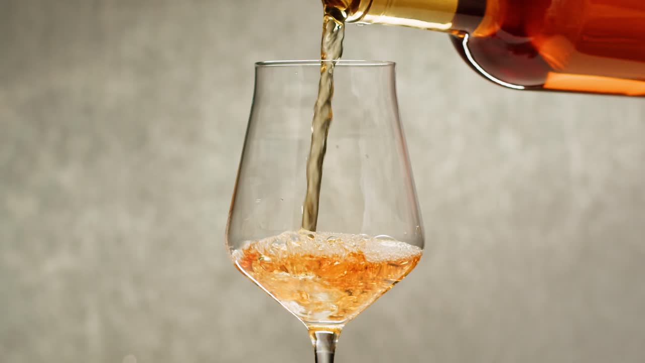 Orange or white wine bottle and glass against a sunset in a peaceful vineyard, pouring of ecological natural wine.