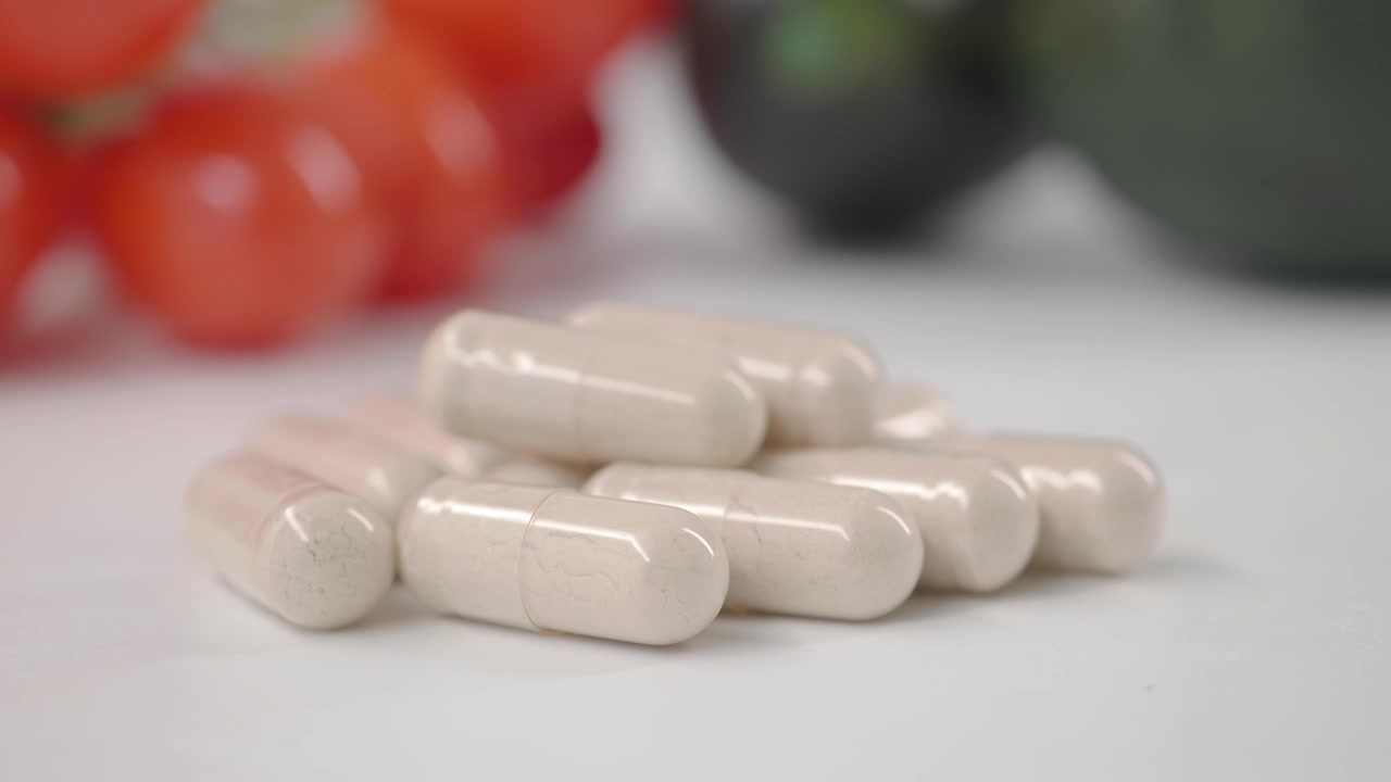 Pilha de cápsulas de suplemento alimentar bege em superfície branca