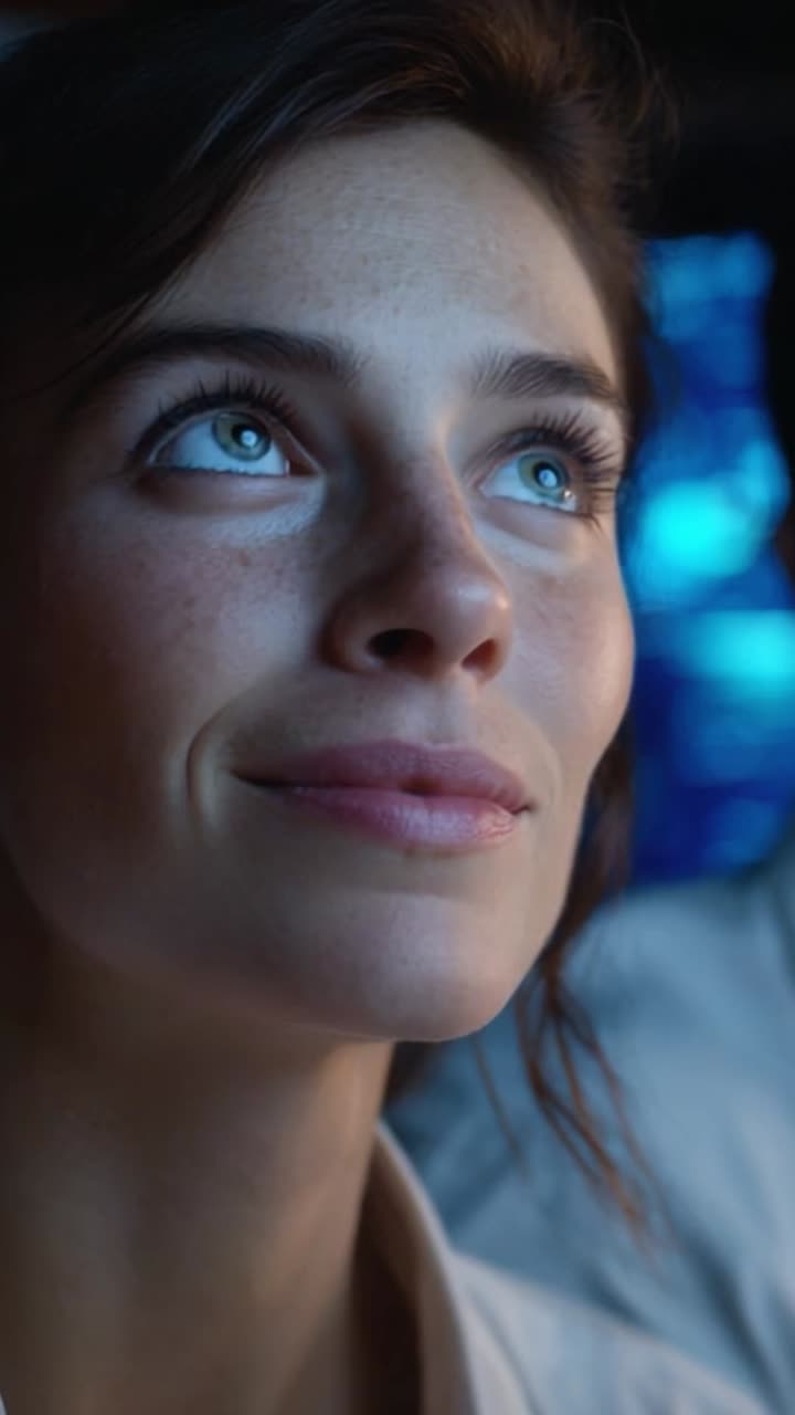 Portrait of a Young Woman with Bright Blue Eyes Gazing Thoughtfully, Captivated by the Surroundings, Revealing a Moment of Intrigue and Reflection