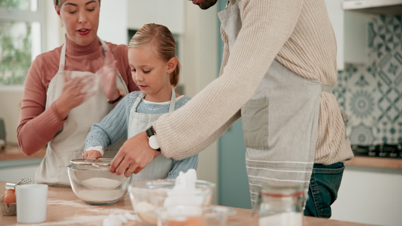 Mother, father or girl learning to bake in kitchen