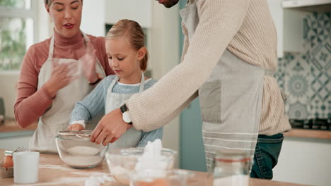 mother, father or girl learning to bake in kitchen
