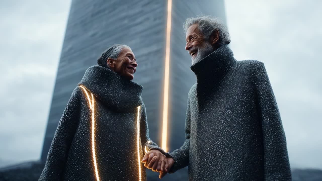 A Heartfelt Encounter: Two Elders Share a Moment Beneath a Monolithic Structure, Illuminated by Soft Light, Capturing Love and Connection in a Futuristic Setting