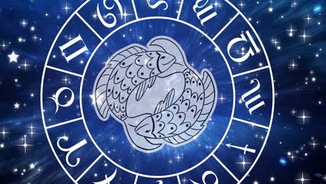 animation of pisces star sign symbol in spinning horoscope wheel over glowing stars