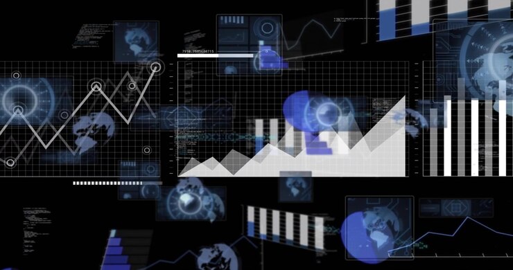 Ved oppstart vises datamoduler, transformeres, glir og ruller mens de danner et analysedashbord