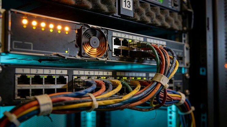 Receiving traffic, switch routing packets in rack, blinking LEDs, fan spinning, colored cables