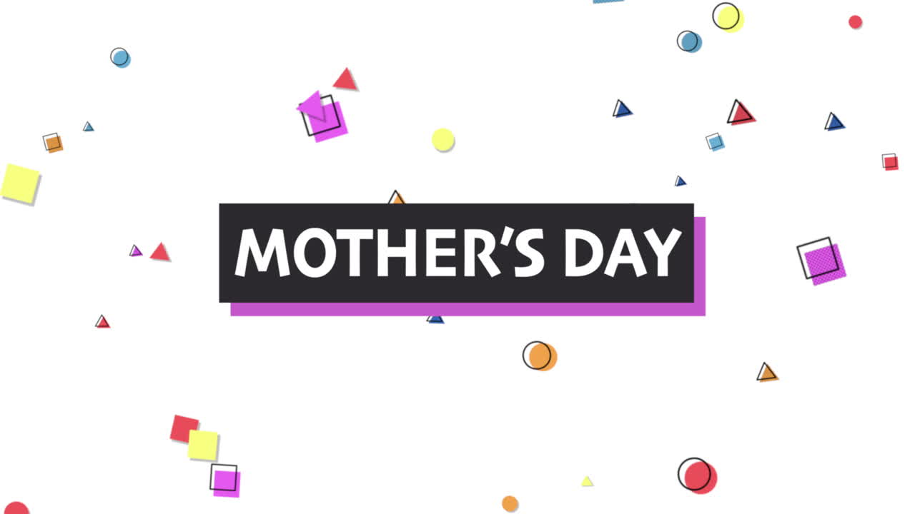 texto de animación día de la madre y movimiento pequeñas formas geométricas fondo de memphis
