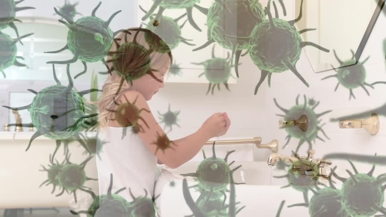 매크로 코로나바이러스 코로나19 세포가 카우카시안 소녀의 손을  ⁇ 는 애니메이션