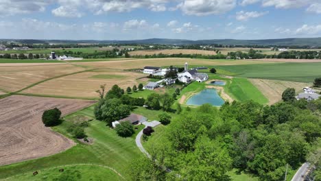 aerial view of a picturesque american farm with lush green fields, serene pond and charming farm buildings. rolling hills stretch into the distance under a bright blue sky. peaceful rural landscape.
