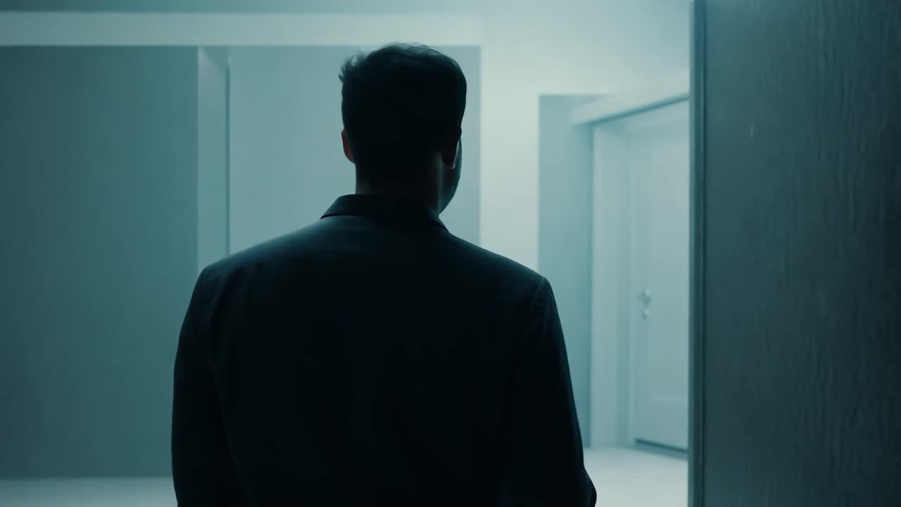 un hombre de traje camina por un pasillo, envuelto en la oscuridad.