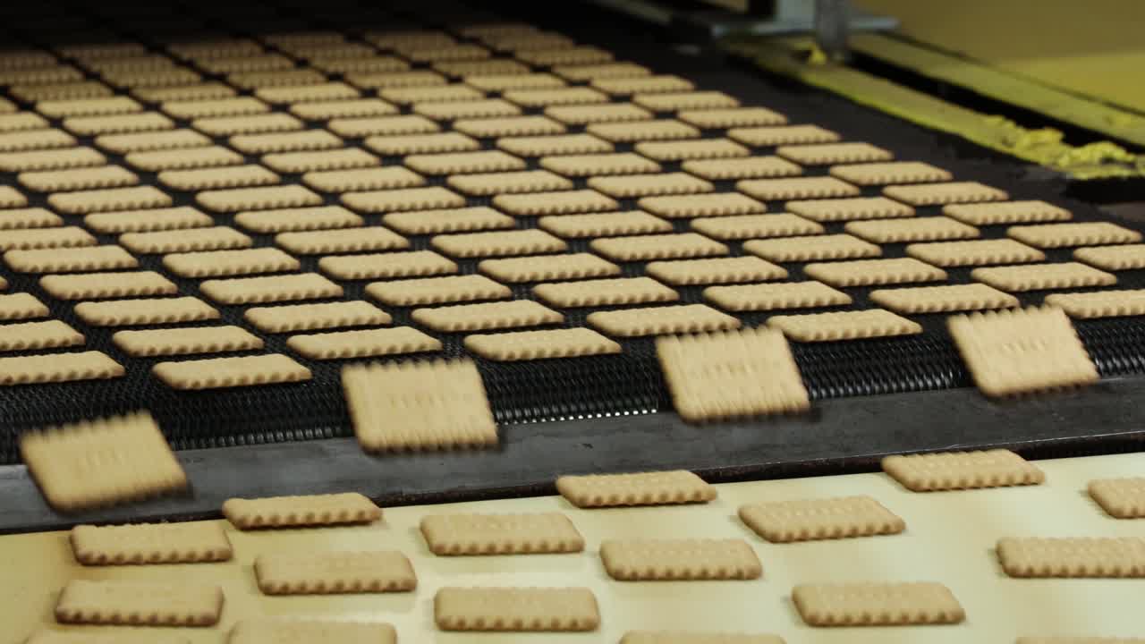 conveyor with sweet cookies at a confectionery factory
