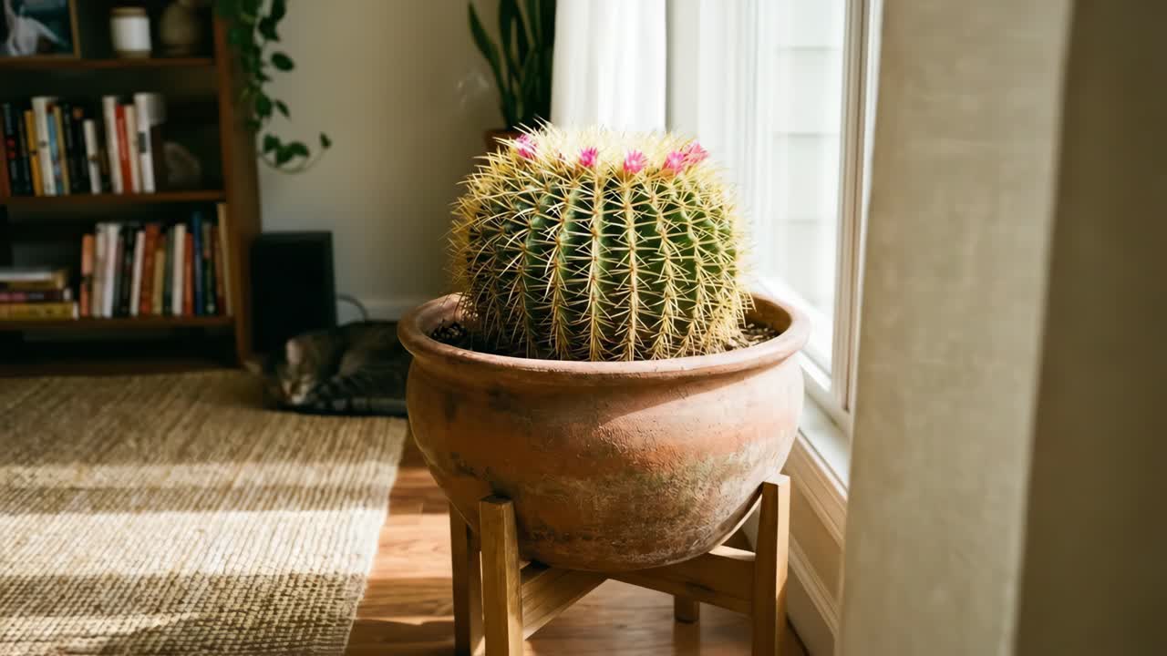 Cactus Golden Barrel in vaso con fiori rosa in un salotto soleggiato