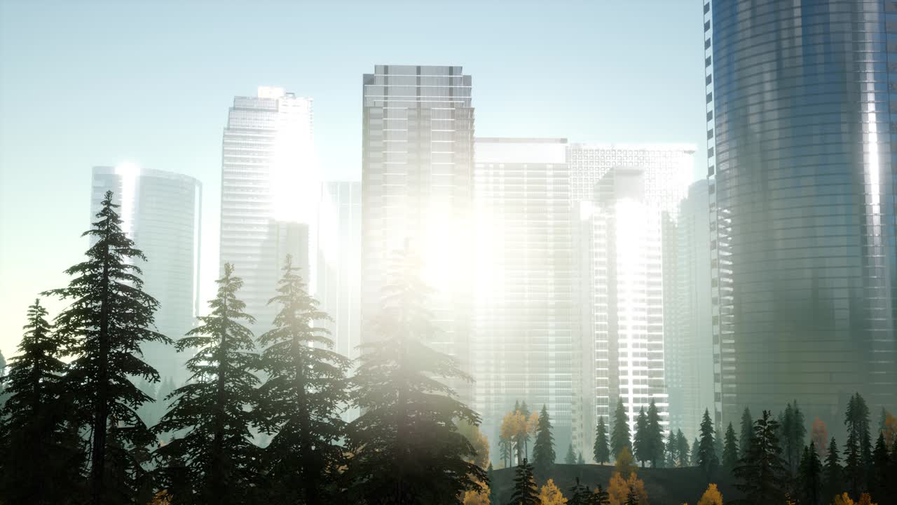 해가 지는 동안의 비즈니스 마천루