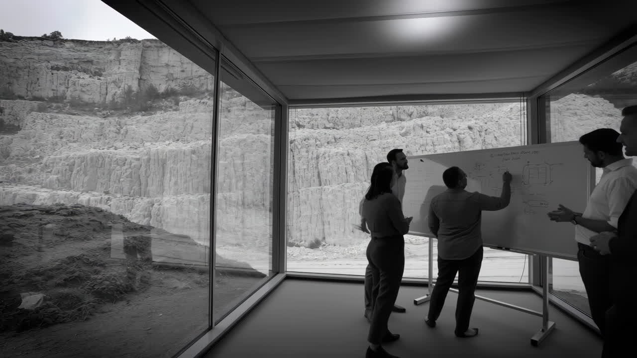 Business meeting in a modern office overlooking a rock quarry