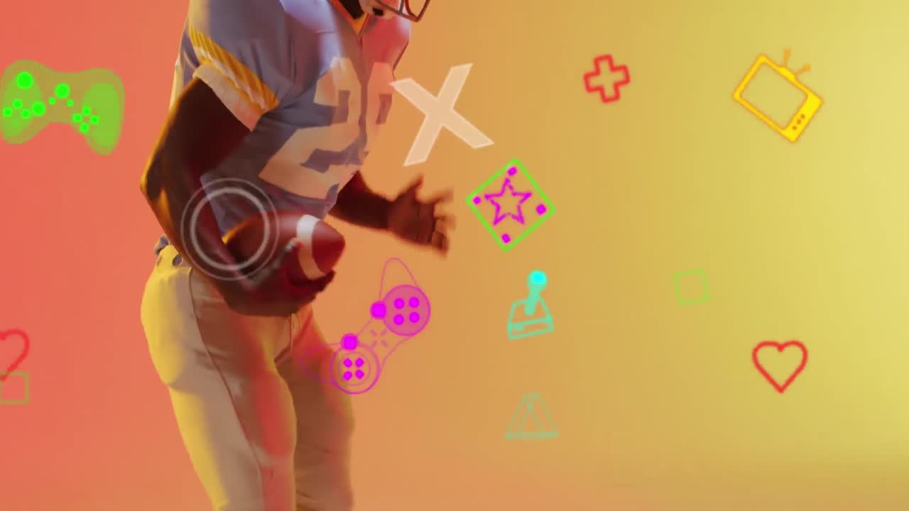 animación de formas y marcadores sobre jugador de fútbol americano en fondo de neón.