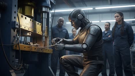 a humanoid robot engaged in precision work under watchful eyes in a high-tech workshop setting with enthusiastic observers learning from its skills