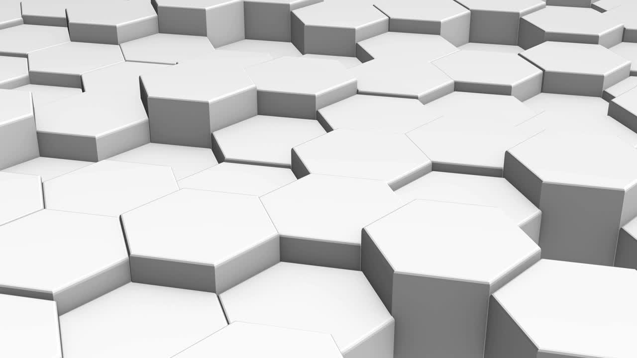cubos blancos geométricos imágenes de movimiento 3d. moviendo arriba y abajo bloques aleatorios con superficies hexágonas animación. panales de miel grises estructura dinámica vista superior fondo. azulejos de mosaico video 4k