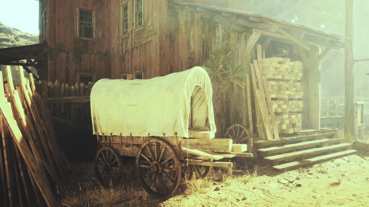 Old wooden wagon near rustic building in sunlit western setting