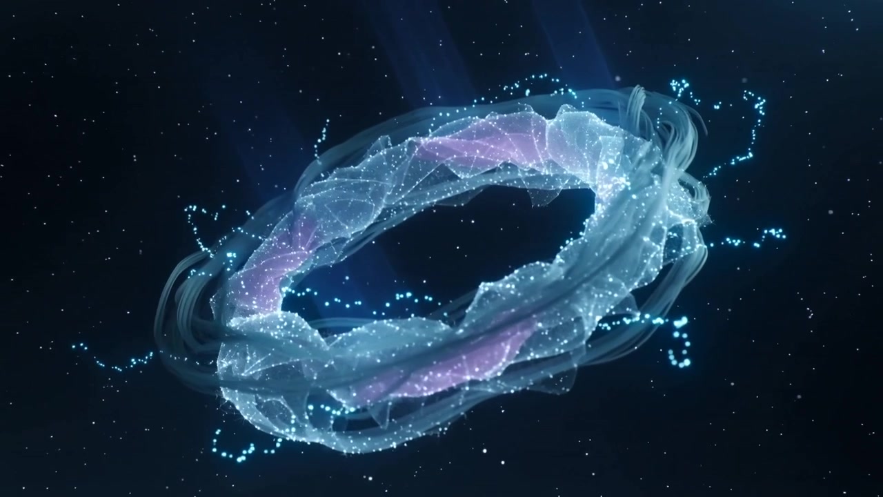 Rotating torus tilting, emitting cyan dots in void as vertical blue beam energizing lavender core