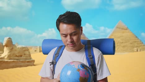 close up of asian male hiker with mountaineering backpack holding world globe in his hands and smiling to camera while traveling in pyramid of giza