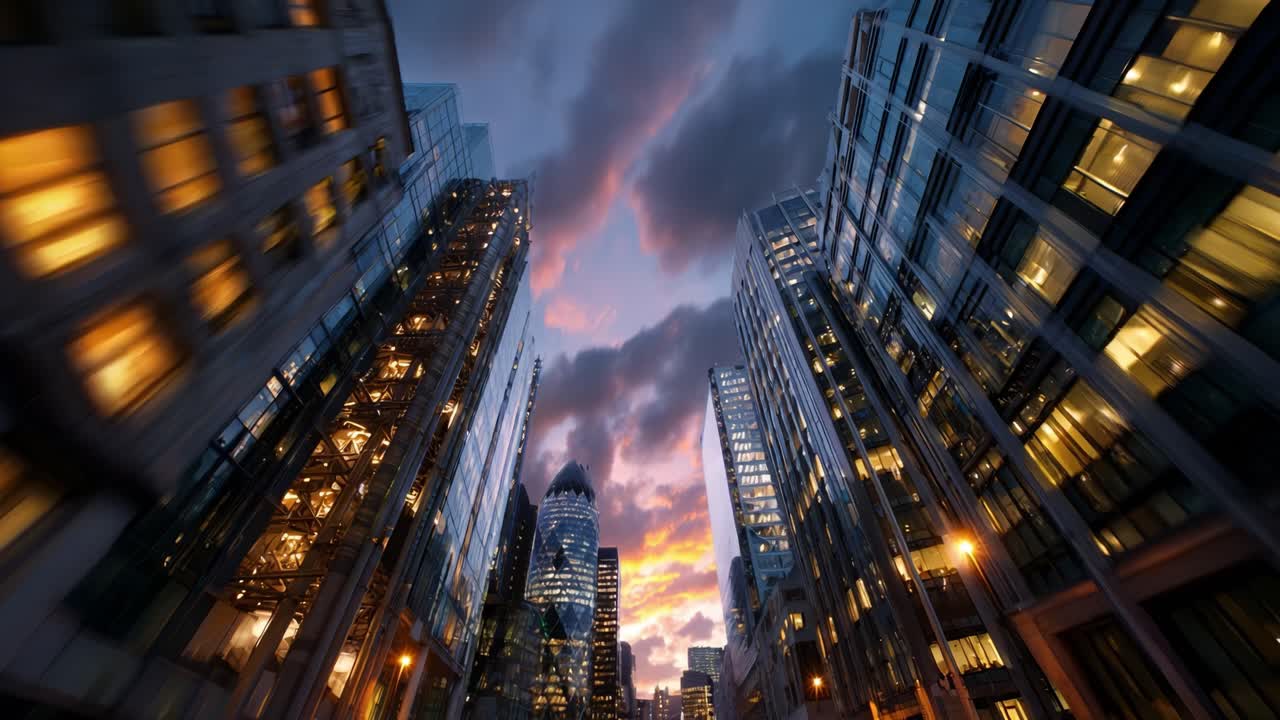 Impresionante horizonte urbano en transición del día a la noche con dramática formación de nubes y vibrantes colores de atardecer reflejados en modernos rascacielos.
