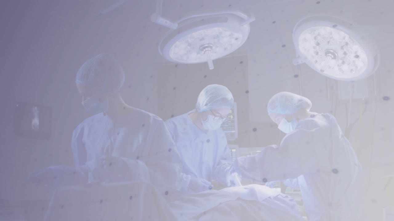 Surgical team leaning as red monthly bar chart animating over OR, timeline driving meters filling