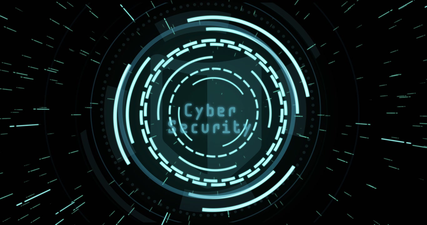 Glitching Cyber Security text starting cyan HUD rotating, pulsing, drawing magnifier, showing scan