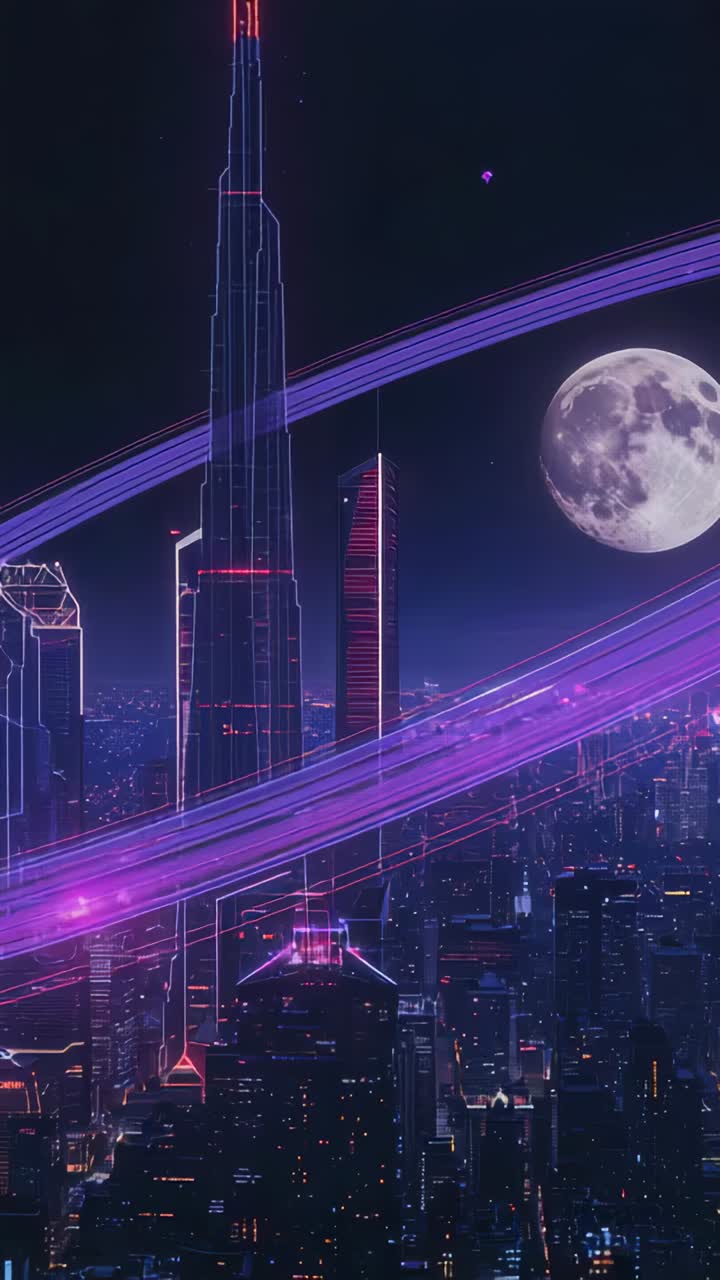 Vertical video: Glowing purple ribbons sending pulses across night city, accenting tower, full moon