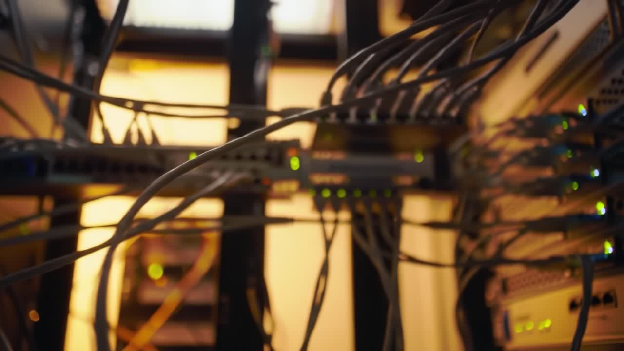 A Close-Up Exploration of Network Infrastructure: Capturing the Essence of Data Cables and Server Racks in a Modern Data Center Environment