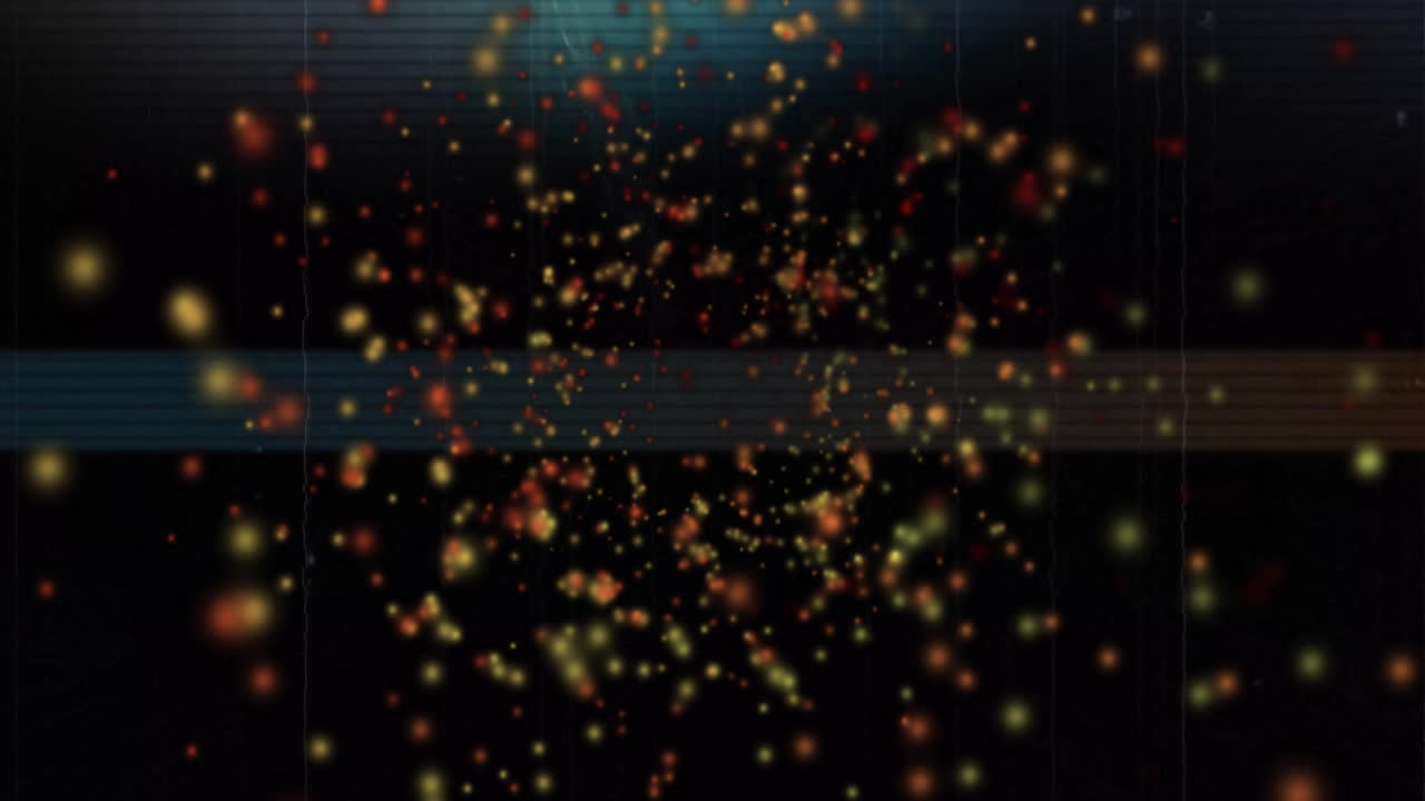 Animation of orange and yellow orbs over green flashing lights on dark background