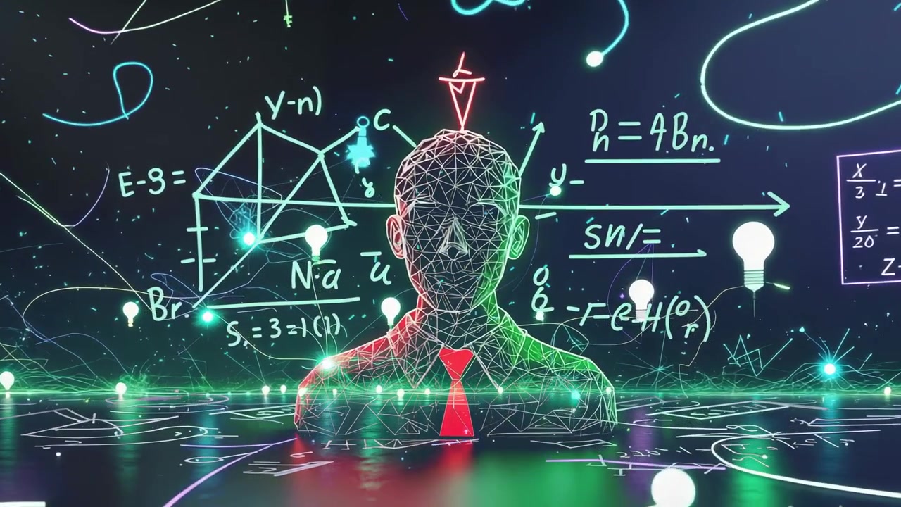 Opening wireframe bust with red tie pulsing neon nodes on grid, light bulb icons visualizing data