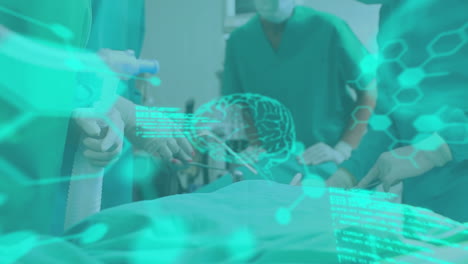 animación de escáner cerebral y procesamiento de datos médicos sobre cirujanos en el trabajo en el quirófano