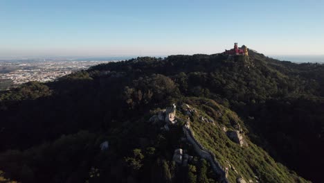 Aerial-shot-of-Castelo-dos-Mouros-and-castelo-da-pena