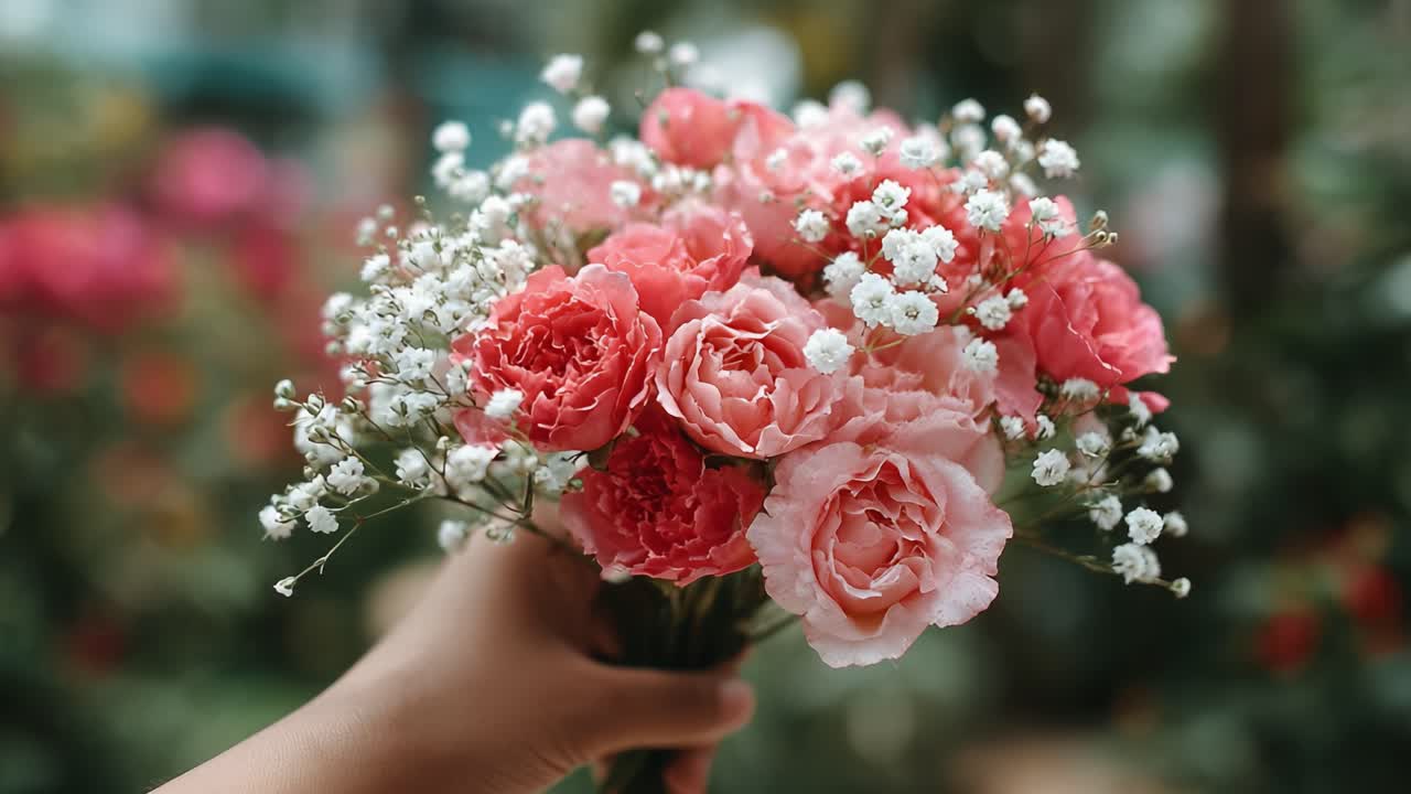 A Beautiful Arrangement of Pink Roses and Delicate Baby's Breath in a Handsome Bouquet Captured in a Natural Setting