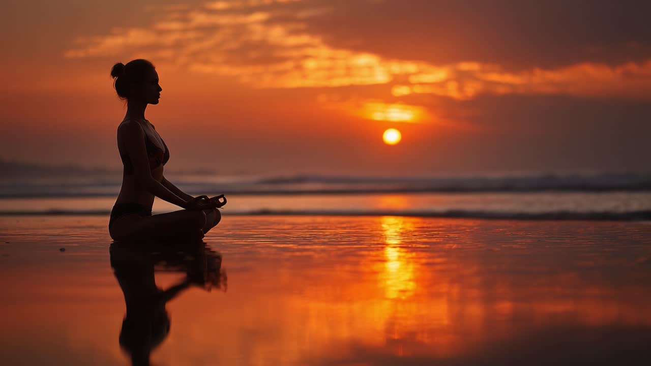 A Serene Moment of Meditation on the Beach at Sunset, Capturing Tranquility and Reflection Amidst Nature's Golden Glow