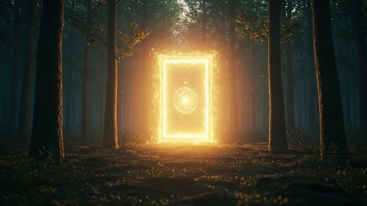 A Mysterious Glowing Portal Set Amidst a Serene Forest, Inviting Exploration and Wonder, Radiating Enigmatic Energy and Captivating the Imagination of Onlookers