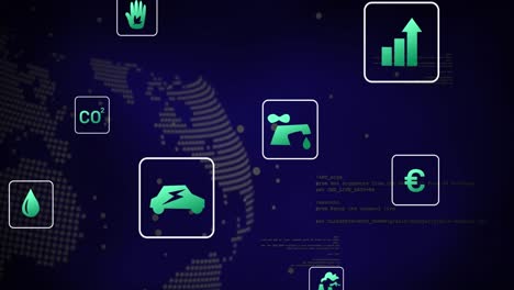 animation of digital icons and data processing over spinning globe against blue background