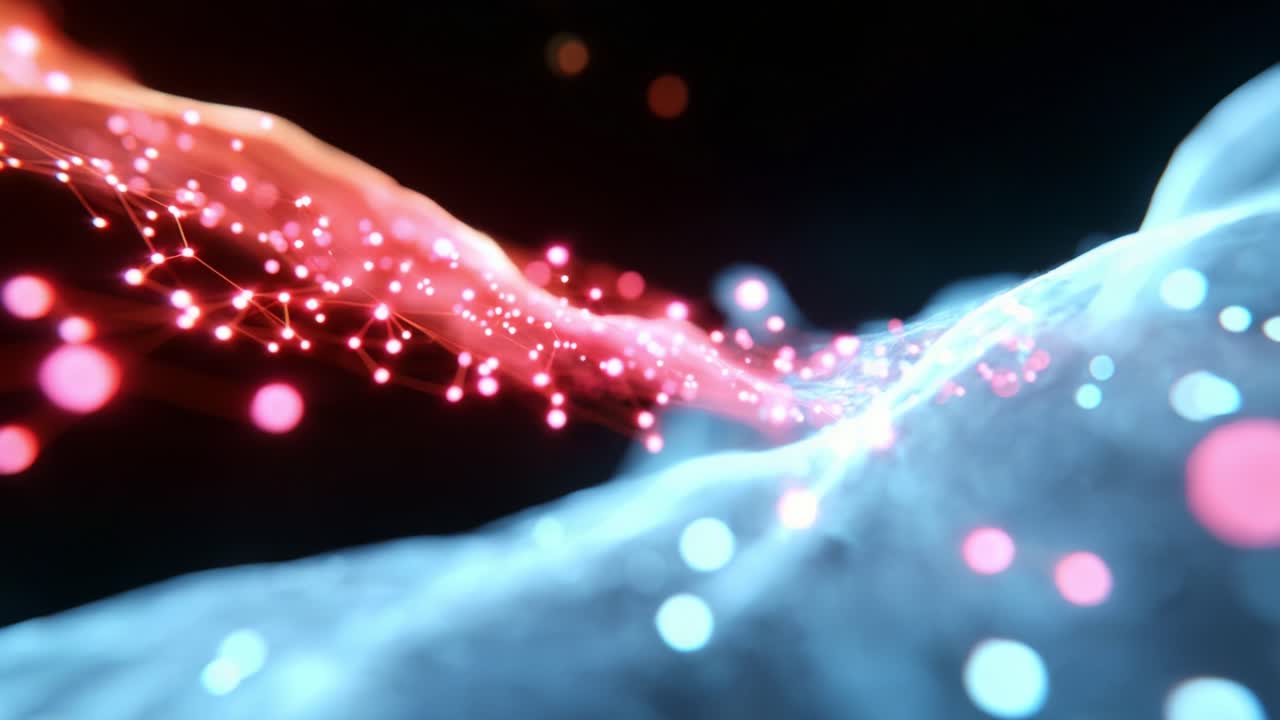 Captivating Visual Display of Abstract Connectivity: A Mesmerizing Flow of Light and Color Through a Dynamic Network of Nodes and Waves, Depicting Digital Interaction in a Cosmic Environment