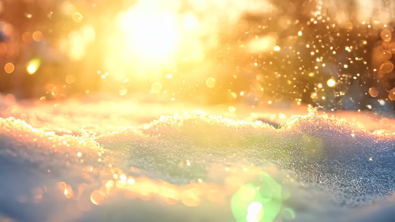 A snow covered landscape with a bright sun in the background. The sun is shining on the snow, creating a beautiful and serene scene