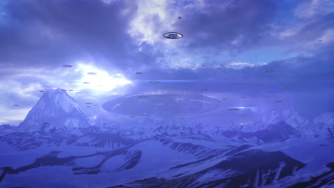 alien ufos over snowy mountains