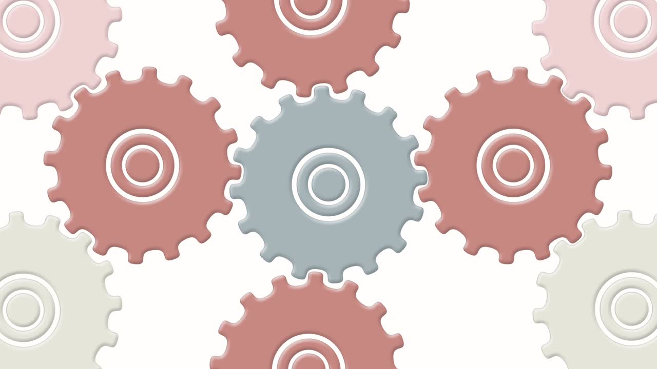 animación de dibujos animados en 4k de íconos modernos de engranajes en movimiento que forman un patrón colorido sobre un fondo blanco.