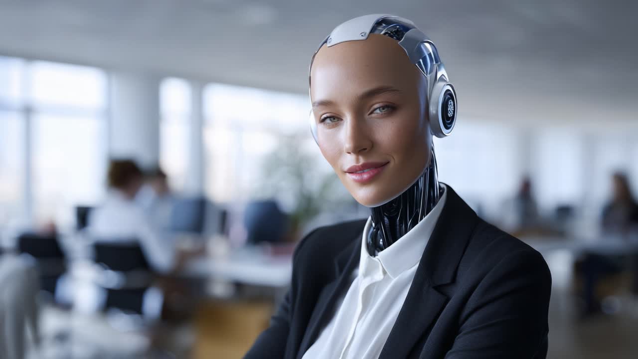 Un robot umanoide dal design elegante e intelligenza artificiale, che posa con sicurezza in un ambiente d'ufficio moderno, simboleggiando il futuro della tecnologia e dell'innovazione.