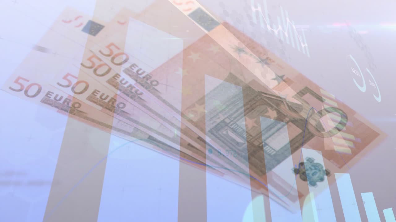 Beyaz ok aşağı doğru süpürerek 50 avroluk banknot destesini çubuk grafiğin üzerinden çapraz olarak kaydırıyor ve düşüşü gösteriyor.
