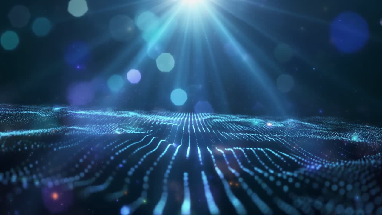 Abstract Blue Digital Particle Waves Flowing with Light Rays