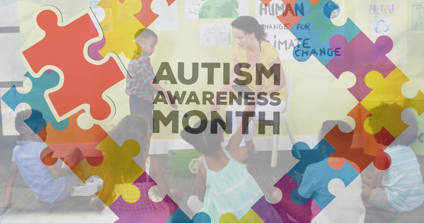 Animazione del testo e delle icone del mese della consapevolezza sull'autismo su un insegnante e scolari di diverse etnie