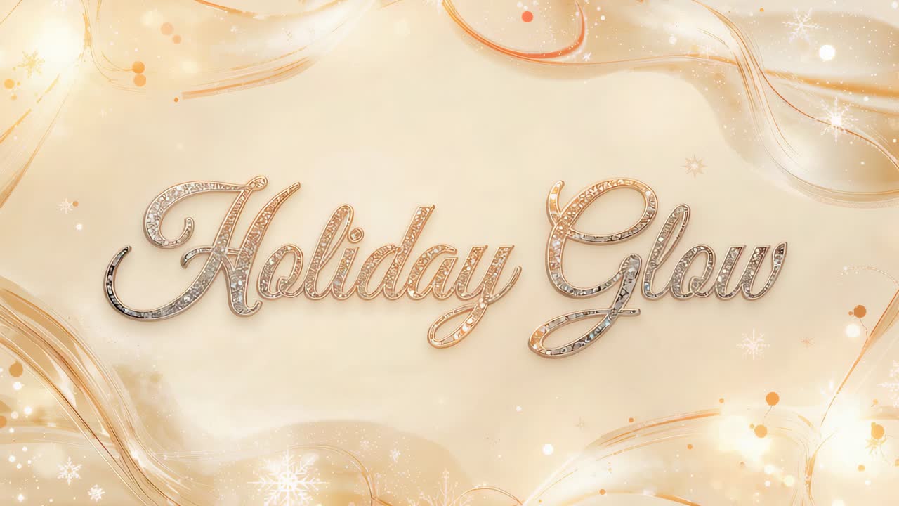 Opening frame showing Holiday Glow title shining on warm backdrop with ribbons flares flake glints