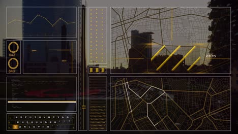 Animación-De-La-Interfaz-Con-Procesamiento-De-Datos-Frente-A-La-Vista-Aérea-Del-Paisaje-Urbano