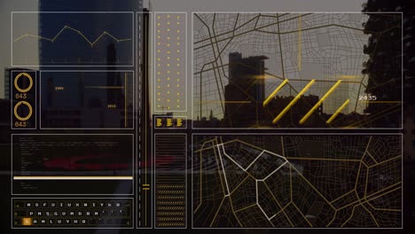 animación de la interfaz con el procesamiento de datos frente a una vista aérea del paisaje urbano