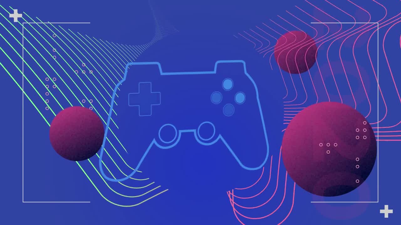 파란색 디지털 화면에 게임 패드와 보라색 구의 애니메이션