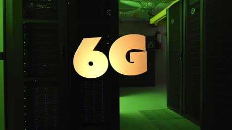 animación de banner de texto de 6g contra la sala del servidor de la computadora.