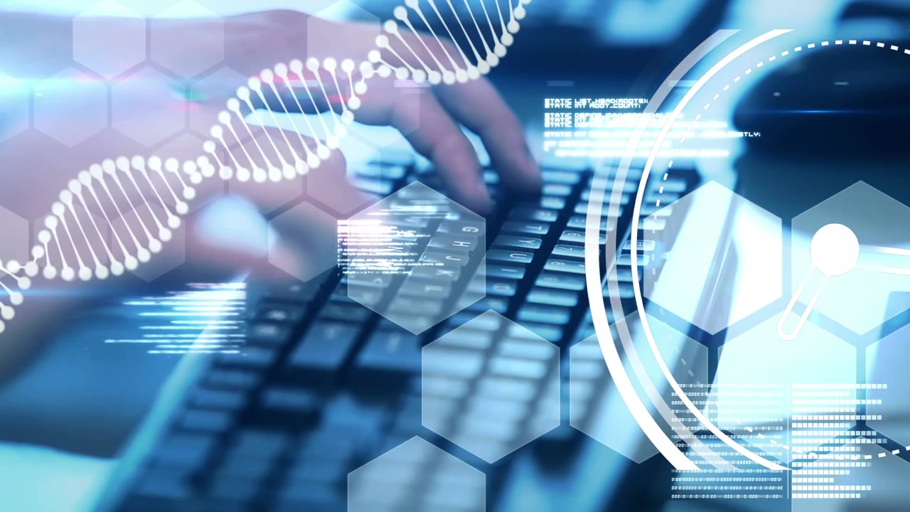 Scientist Typing on Keyboard with Digital DNA and Medical Data Overlays